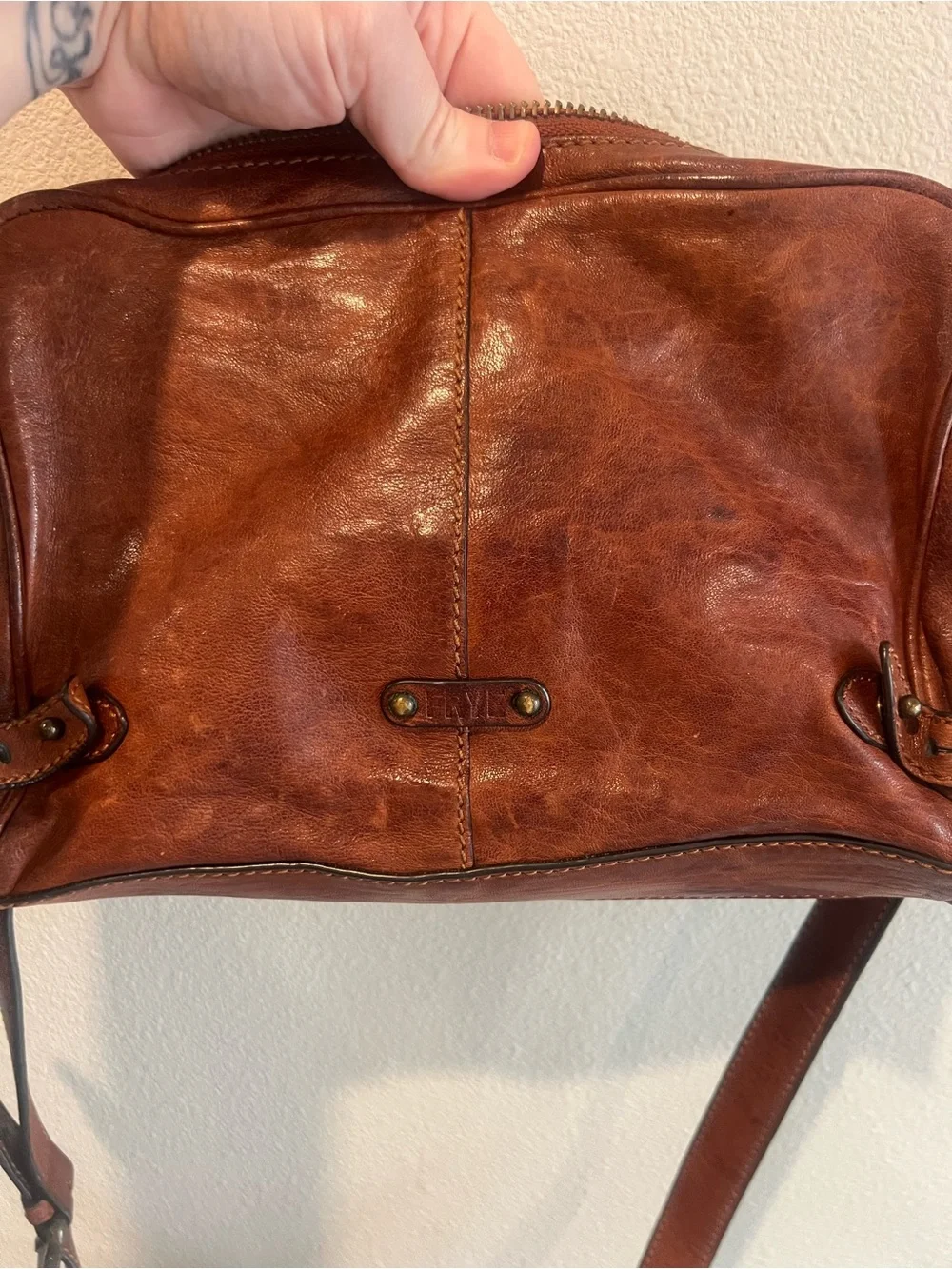 Frye Tan Leather Messenger Bag with Brass Hardware